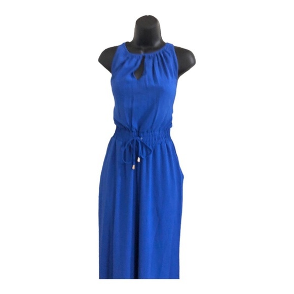 TAHARI blue smocked waist sleeveless  keyhole neck belted‎ jumpsuit size 6 new - Picture 4 of 16